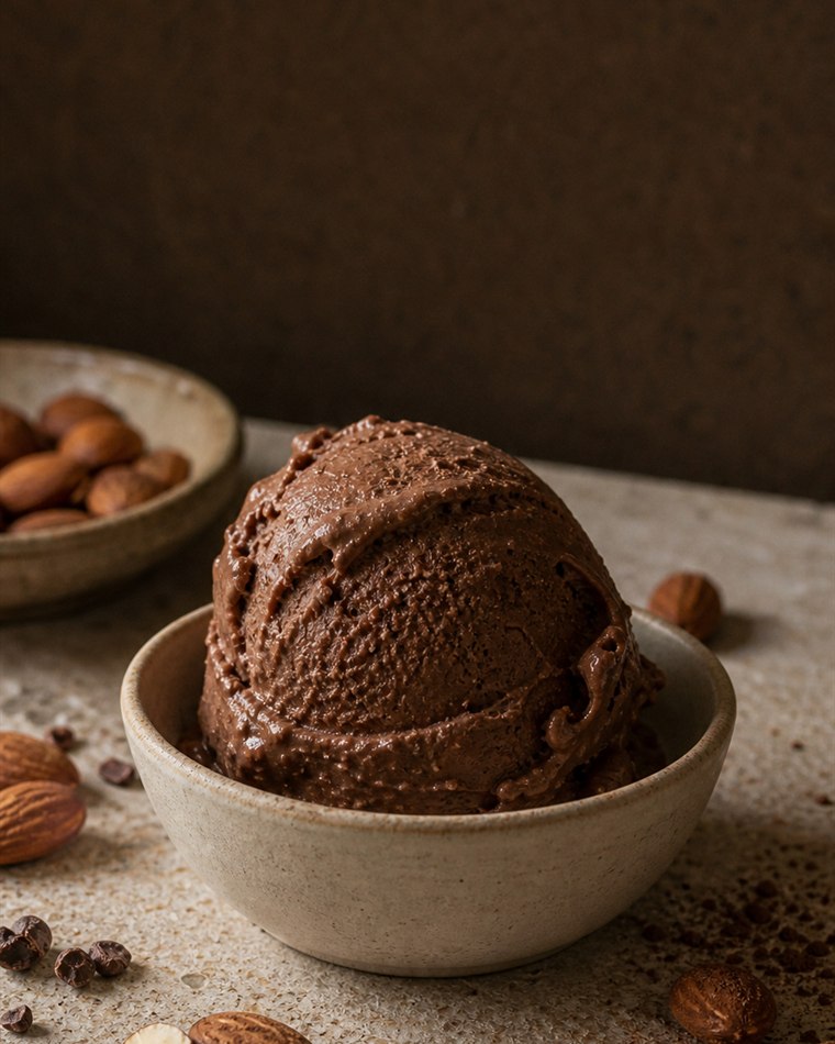 一球純植物巧克力冰淇淋，盛在手作陶碗裡，四周散落杏仁與可可