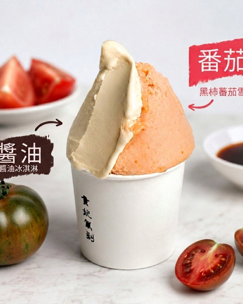 番茄醬油切盤 · 黑柿番茄雪酪與醬油 gelato