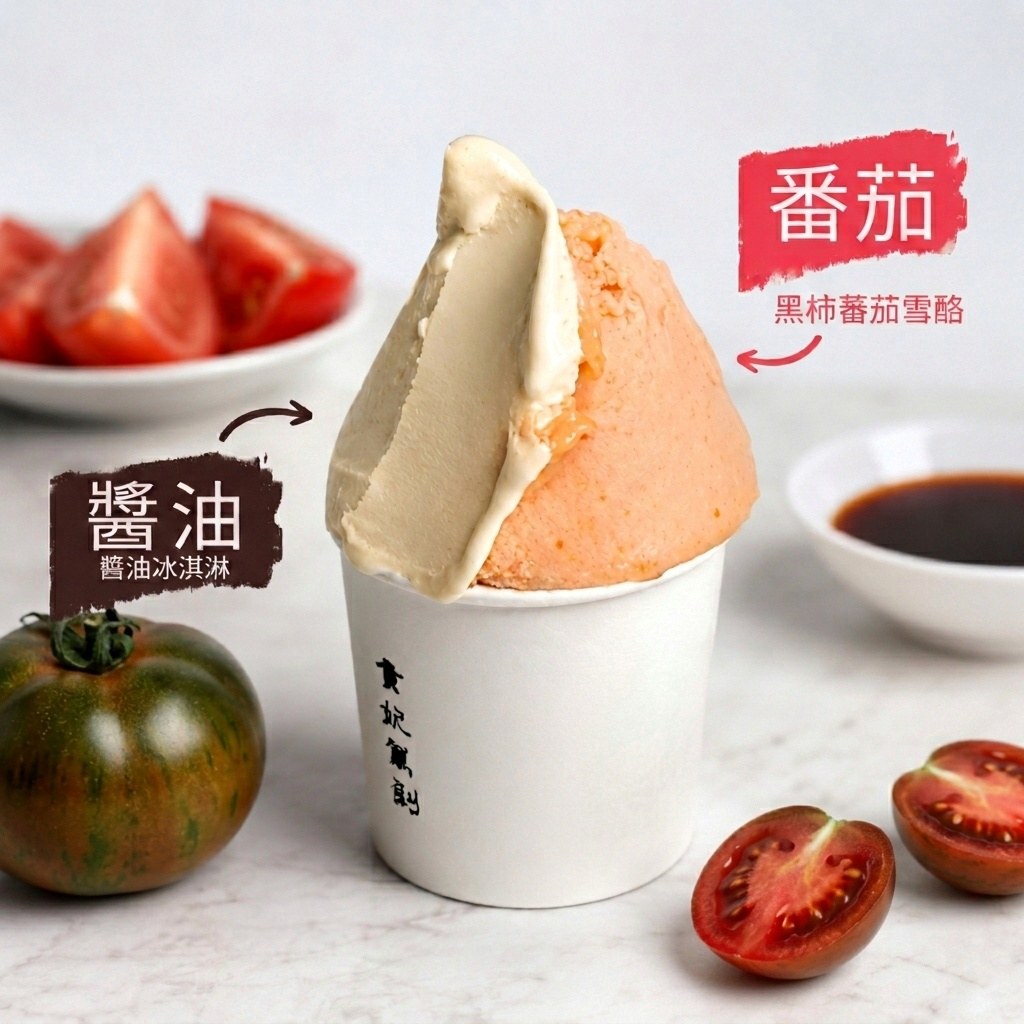 番茄醬油切盤 · 黑柿番茄雪酪與醬油 gelato